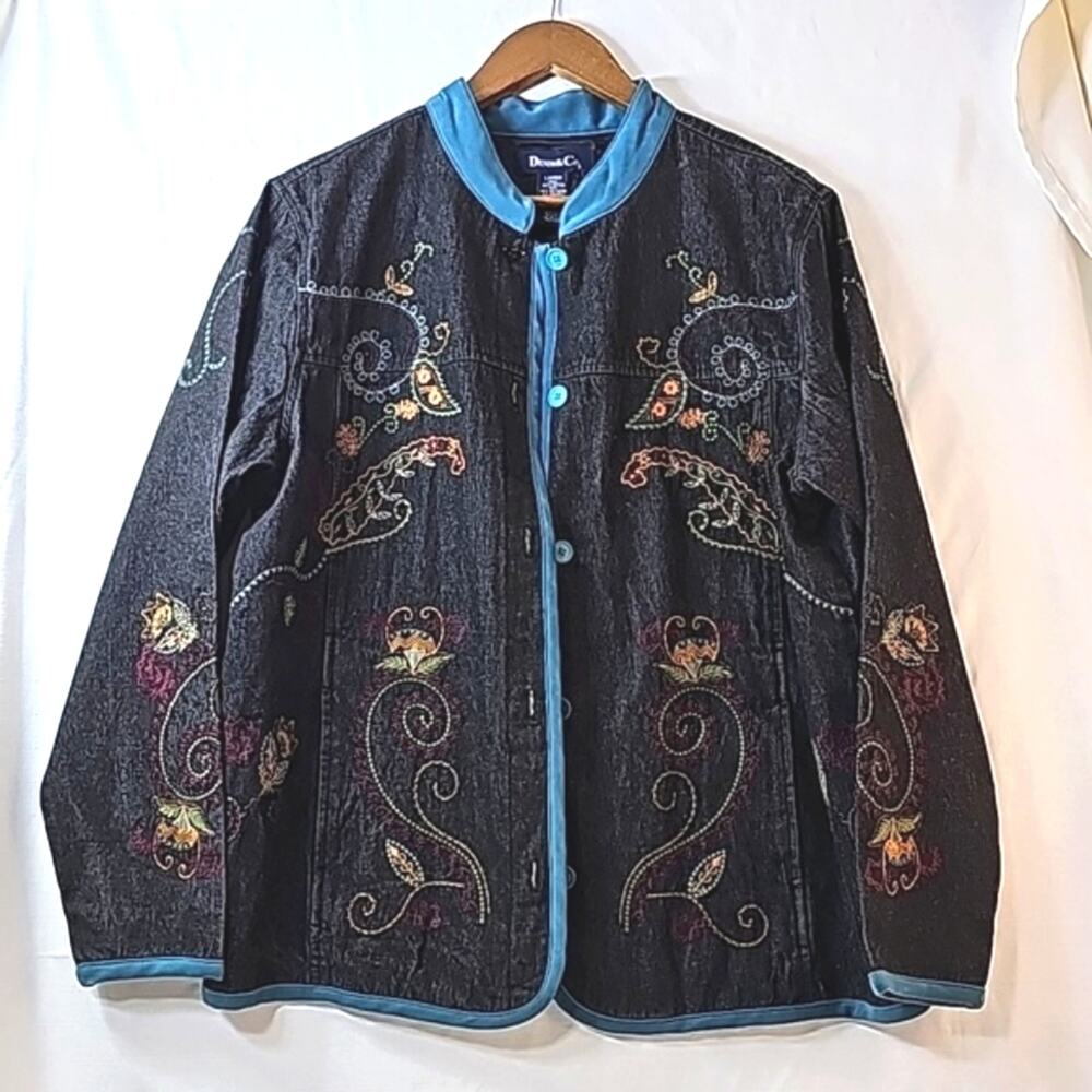 Denim & Co Women Sz L Black Denim Artsy Embroidered Art To Wear Lagenlook Jacket